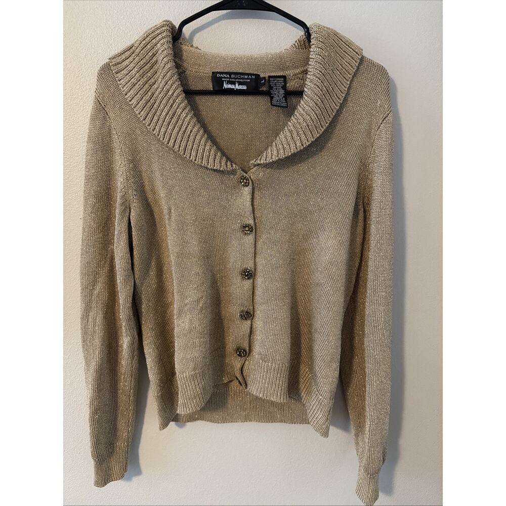 Dana Buchman Neiman Marcus Gold Metallic Cardigan L Blue Fox Fur Collar Vintage